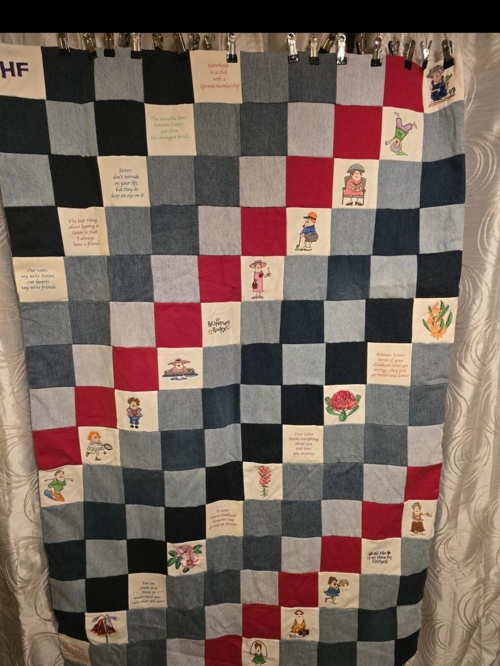 Handmade Patchwork Denim & Red Throw Blanket with Embroidered Squares